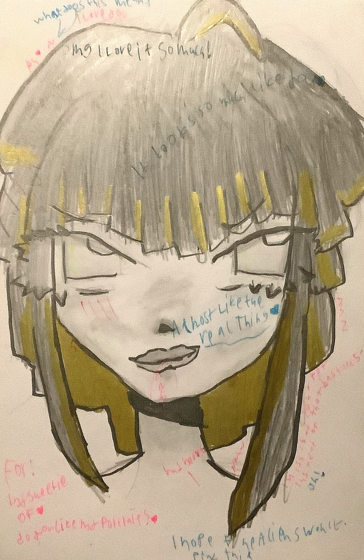 Drawing of a girl  with big eyes and shoulder length black hair that has a yellow undercoat. There are notes that read: „for: my lovely gf♡, do you like my portrait?“ „OMG I love it so much !“ „it looks so much like you♥︎“ „almost like the real thing“ „-my heart“ „I wish I was your pet instead of that bastard‘s“ „oh!“ „ah❤️“ „what does this mean?“ „i love you“ „I hope the aliens won’t find this“