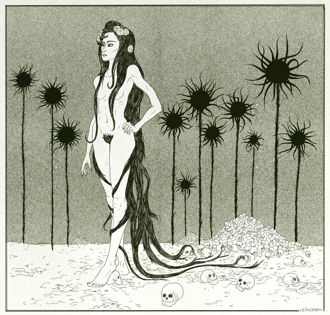 Fan art of Walther Caspari's "The Demon of Discord" (1899). A woman with long black hair walks away from a pile of skulls in a barren landscape. In the distance are tall skinny trees with spiked balls at the top.