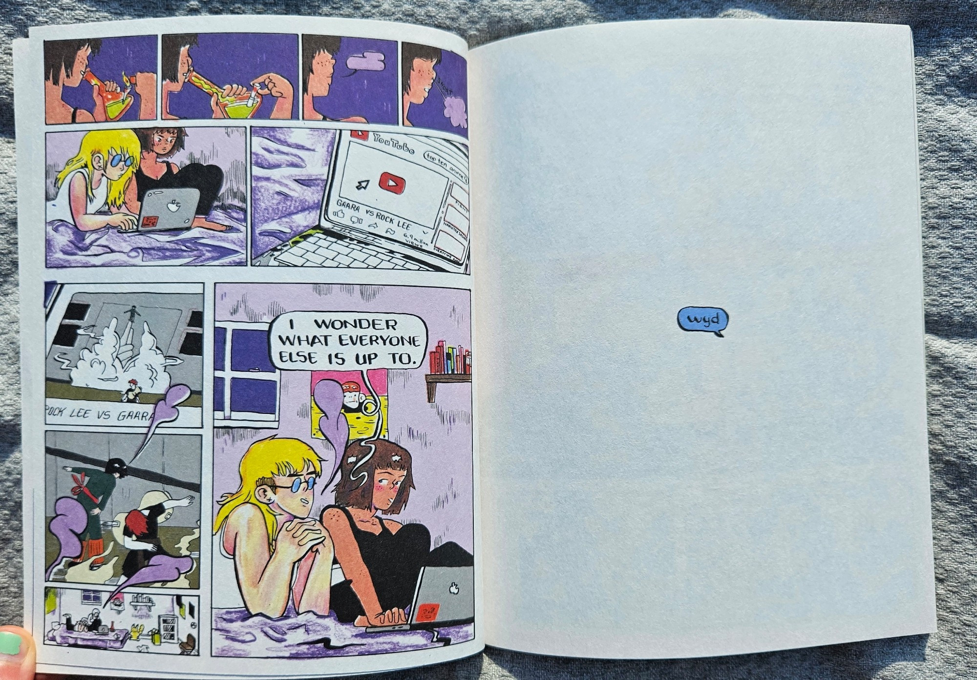 Two pages of "Girl in the World": two young women are smoking a bong and watching the rock lee vs gaara fight on YouTube. The blonde one says "I wonder what everyone else is up to."

The second page is simply a small voice balloon (imessage style) that says "wyd"