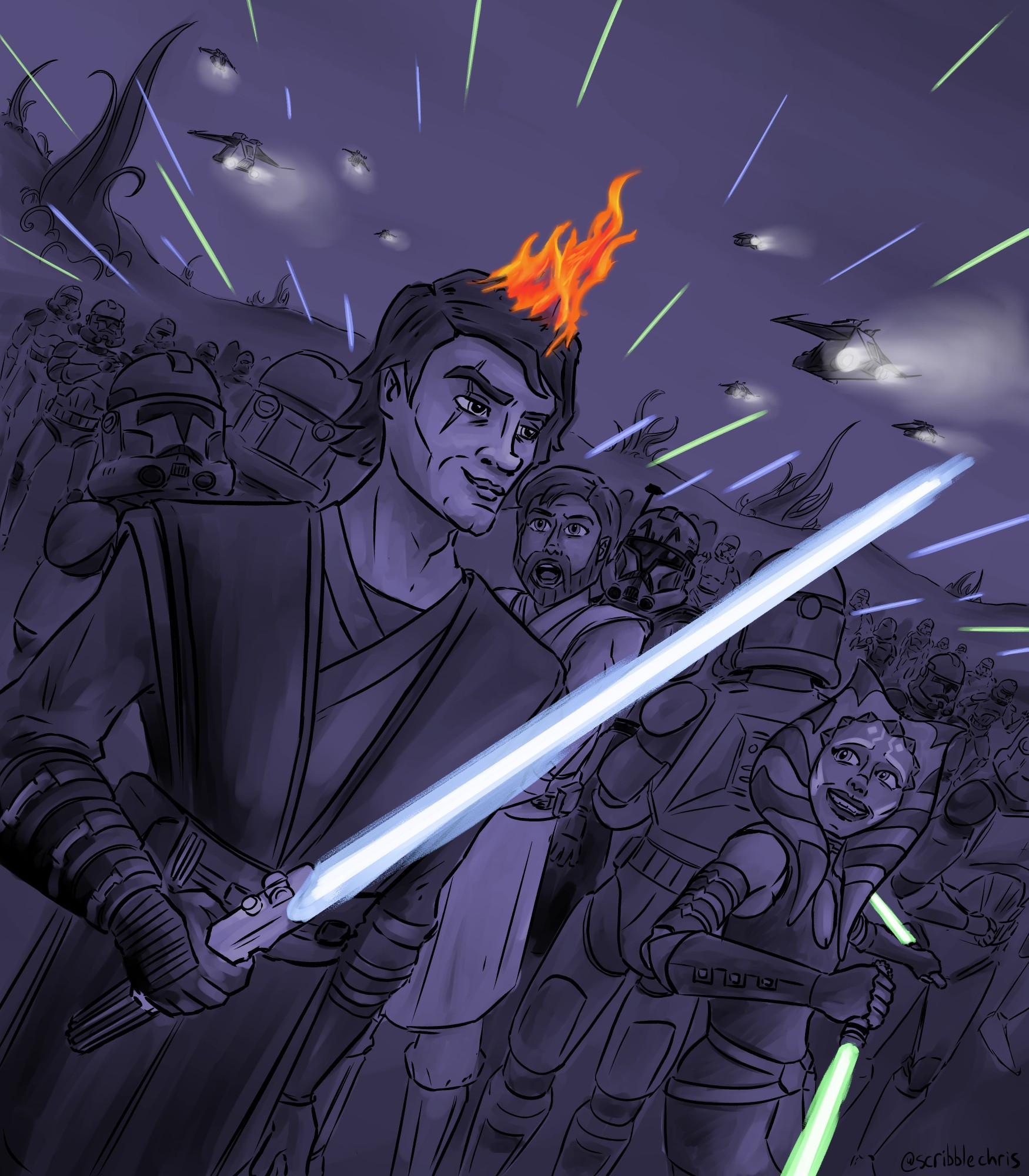 Fan art of Anakin Skywalker with his hair on fire. Ahsoka and Obi-Wan look on in shock, they are surrounded by blaster fire and the 501st Clone Army. Based on a "chaotic night club" photo.