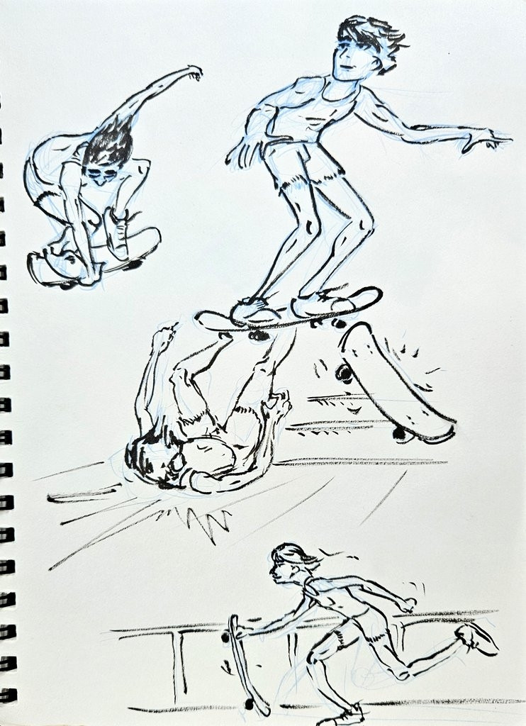 A few sketches of a skinny guy in a tank top and cut-off shorts skateboarding. Roughs in blue prismacolour with loose brushpen for "clean" up