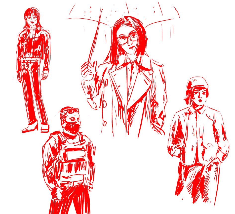 four sketchy digital drawings of people in bright red