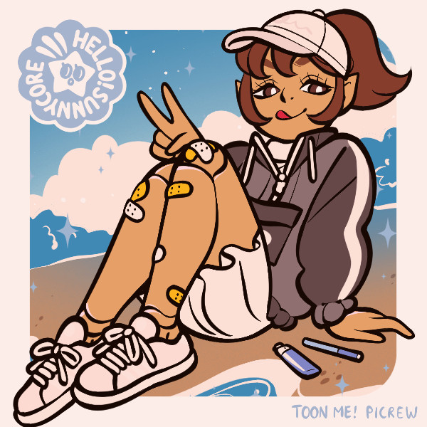 picrew illustration of a girl with pointy ears sitting on a beach with a dark gray sporty windbreaker, white skirt, white shoes, and white hat and bandaged doll-like legs