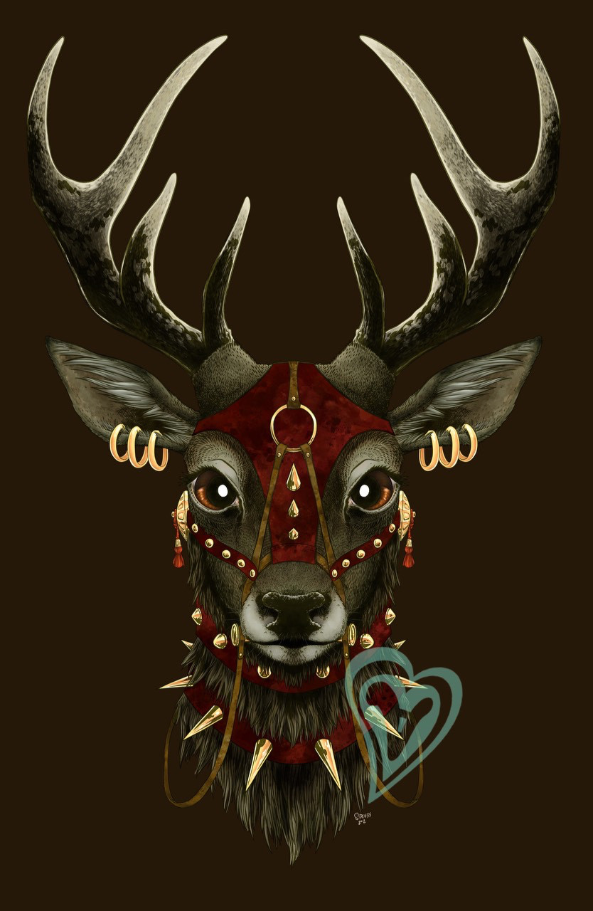 A deer with riding tack and piercings