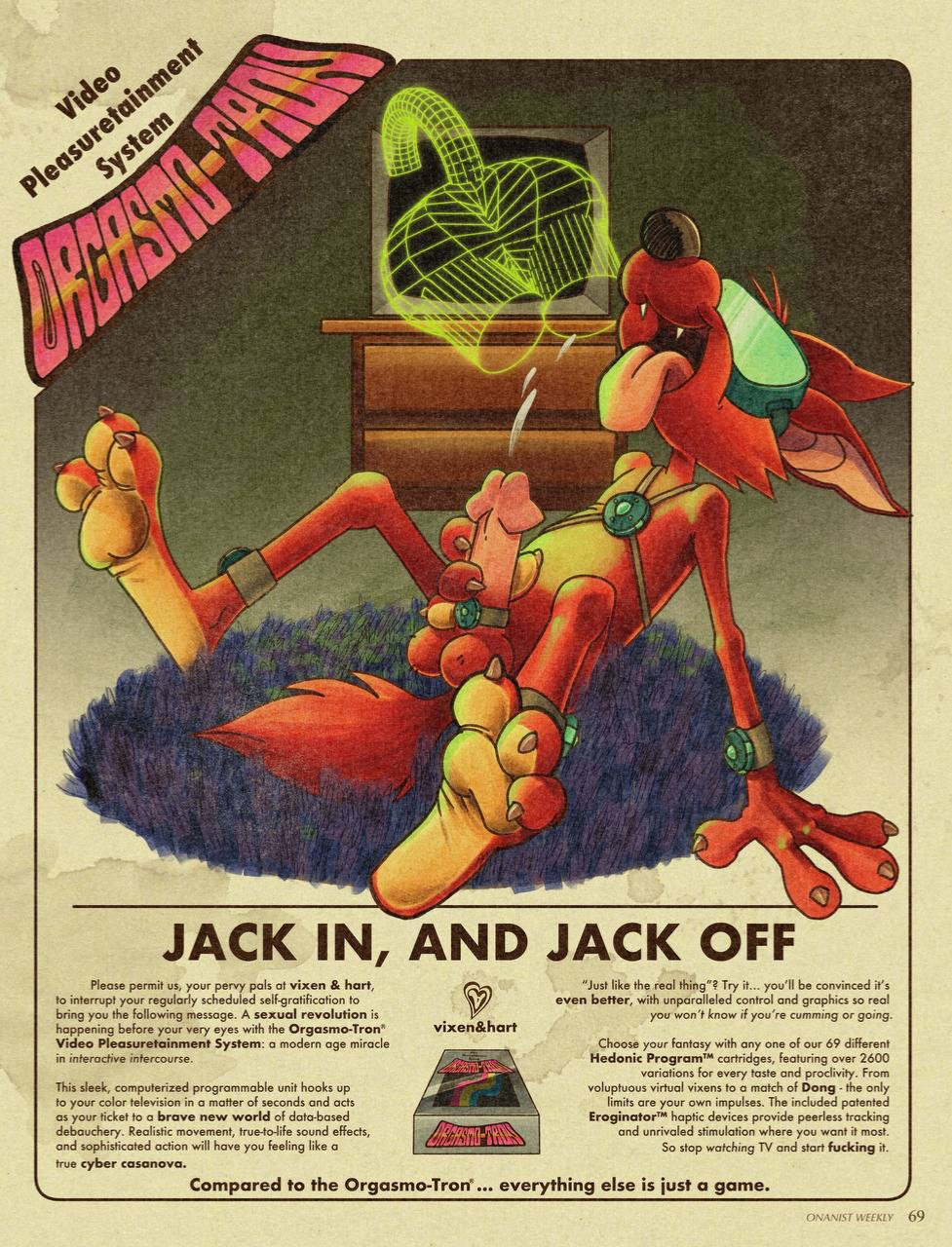 :3 original art by vixen, words by hart! Prints to debut at TFF!

Faux magazine ad depicting a toon fox jacking off in a VR headset; set in the late 70s/early 80s