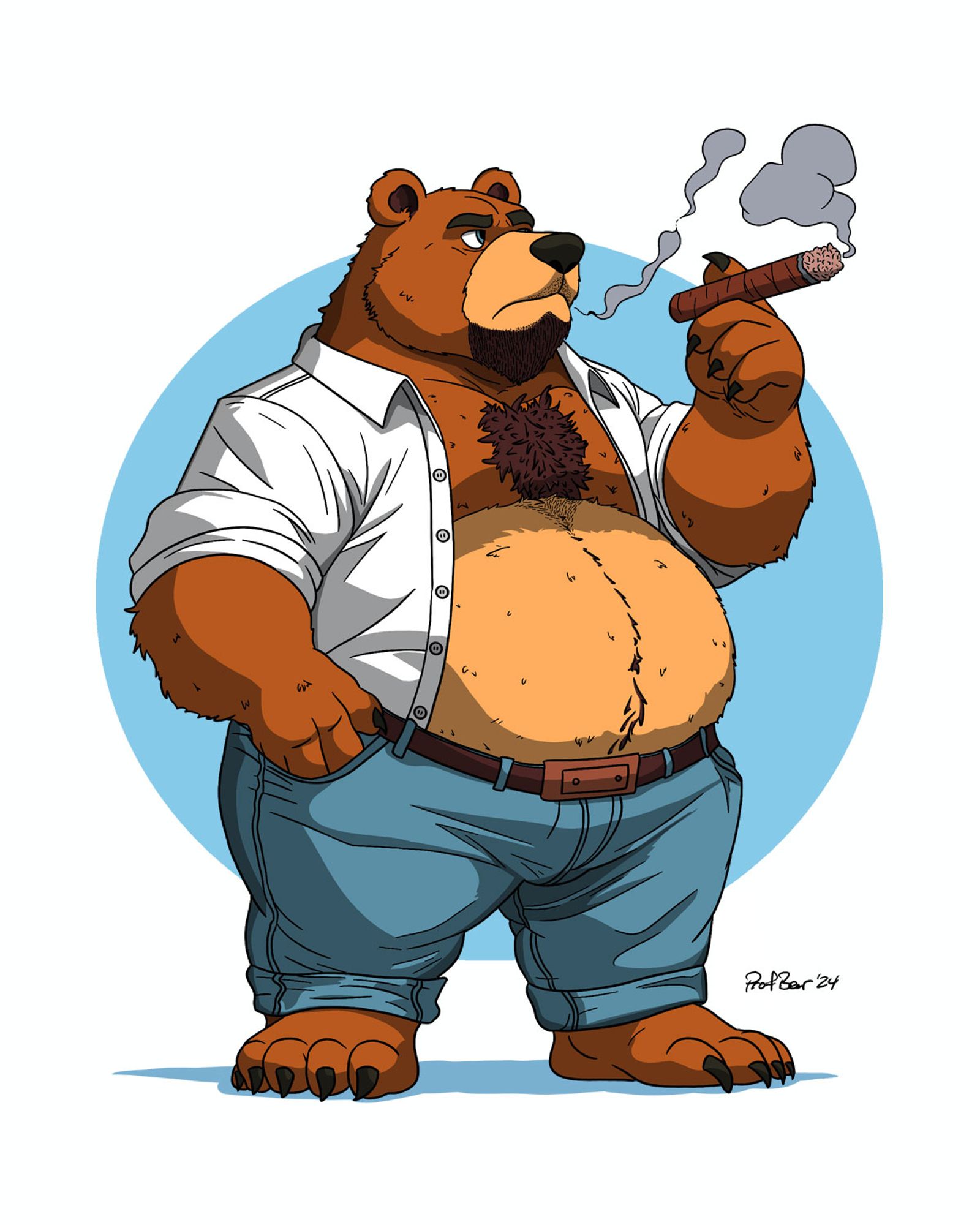 A bear wearing a pair of jeans with a brown belt and a dress shirt opened in the front.  He is smoking a cigar.