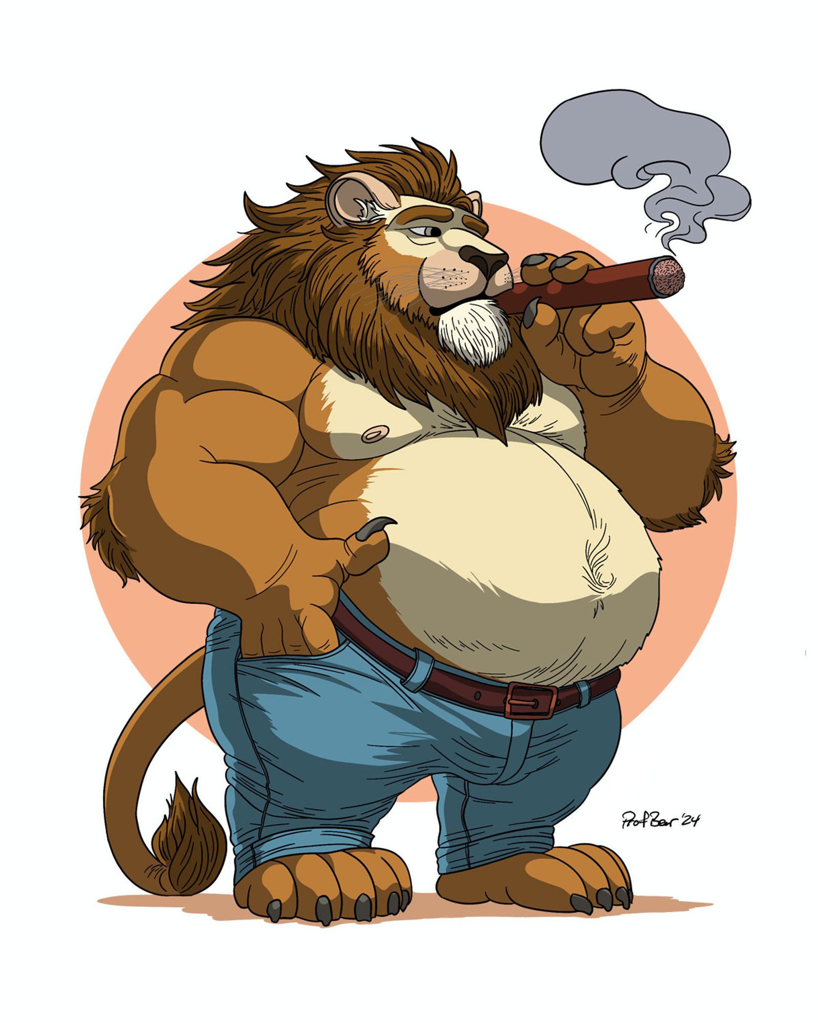 A lion wearing a pair of jeans with a brown belt.  He is smoking a cigar.