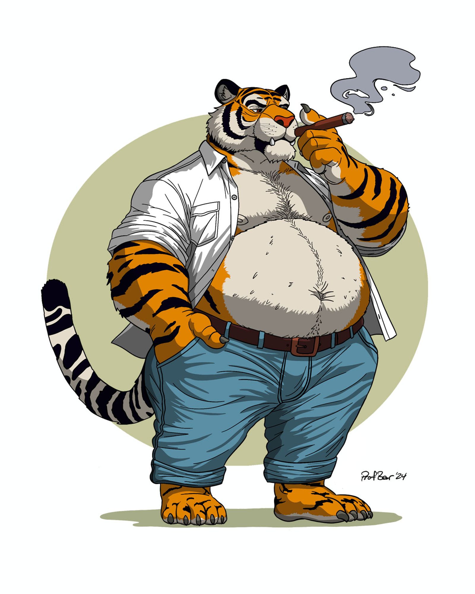 A tiger wearing a pair of jeans with a brown belt and a dress shirt opened in the front.  He is smoking a cigar.