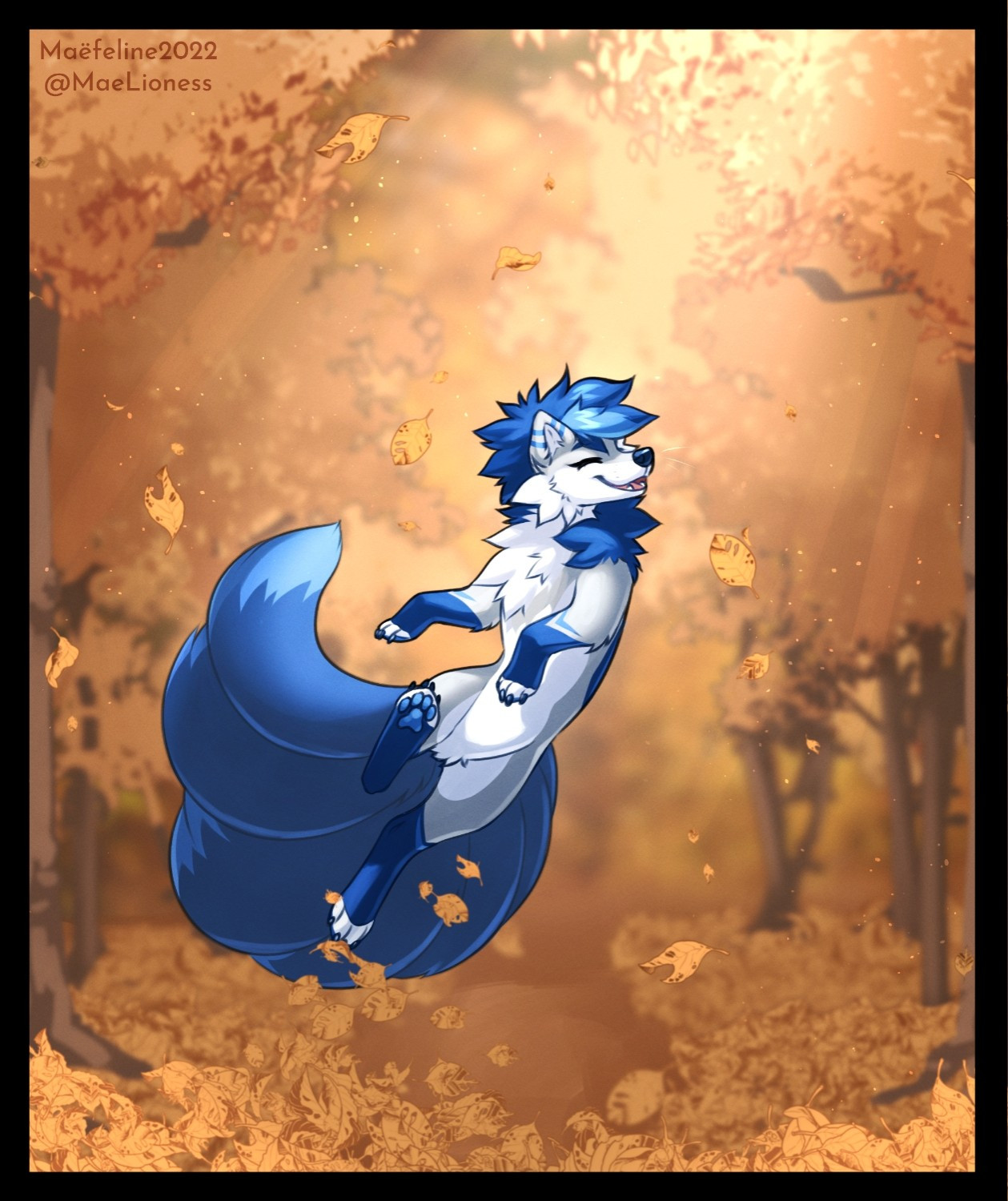 Quadruped 7 tailed kitsune version of my blue and grey arctic fox sona frolicking in the autumn leaves on the ground in a forest of brilliant orange leaves