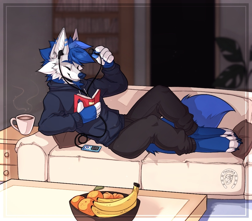 Art of my blue and grey arctic fox sona in a hoodie and sweatpants putting in an earbud as they cozy up on the couch with a warm drink and a good book