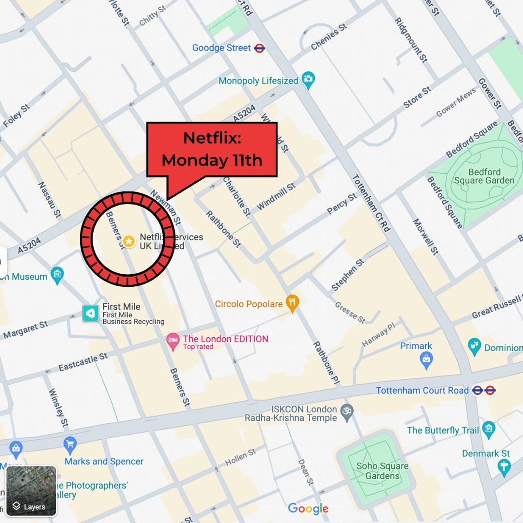 Map indicating the London location of the Netflix headquarters at the following address: 30 Berners Street. The LED truck will target it on Monday March 11