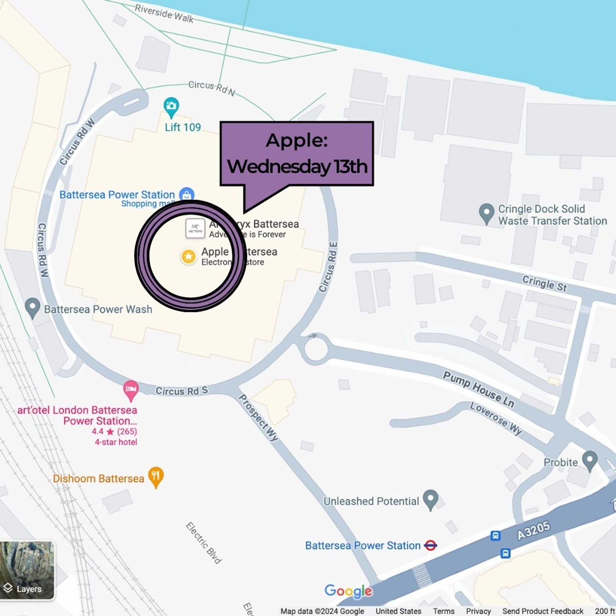 Map indicating the London location of the Apple headquarters at the following address: 3Battersea Power Station. The LED trucks will target it on Wednesday March 13