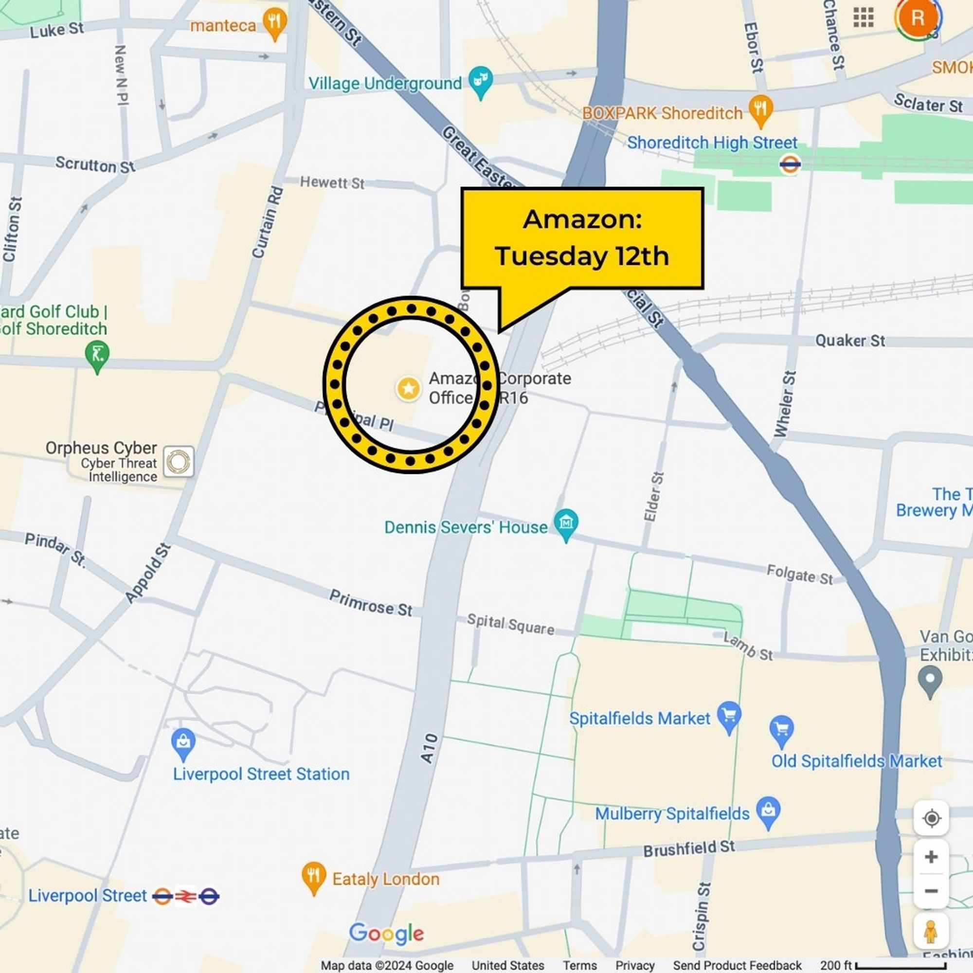 Map indicating the London location of the Amazon headquarters at the following address:Principal Place, Worship Street. The LED truck will target it on Tuesday March 12