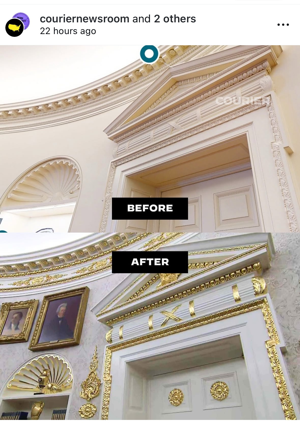 before and after of the Oval Office covered in tacky gold 