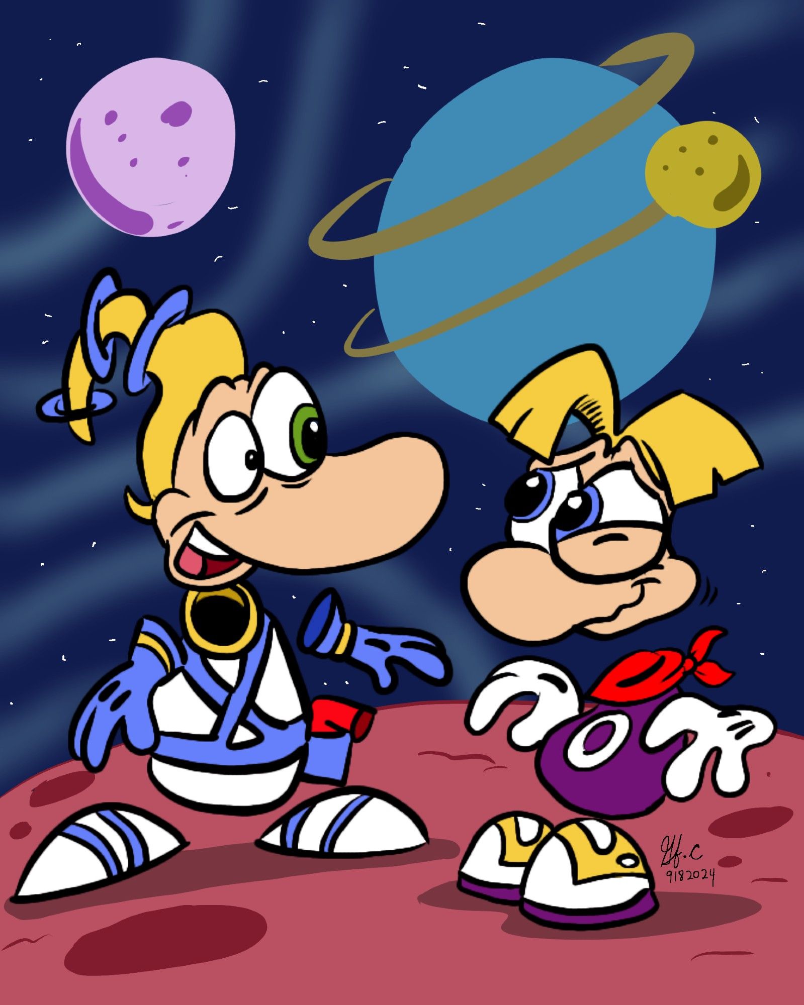 Cleaned up another drawing. This time it's a "Rayman" version of Earthworm Jim meeting Rayman