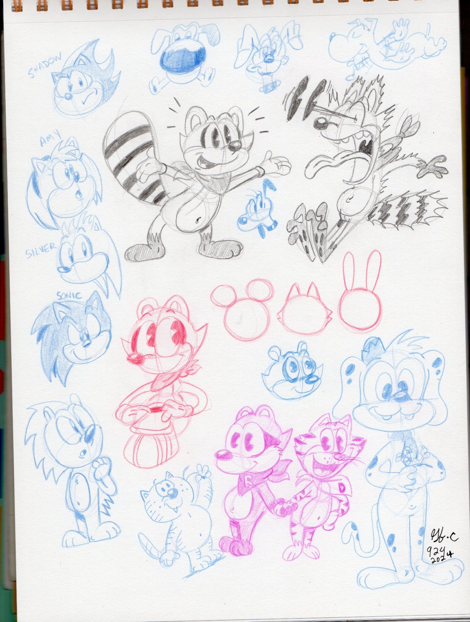 Colpred pencil sketches featuring Rambley Raccoon, my dawg Dipsy Diddle, Heathcliff, a few dogs and Sonic's friends.