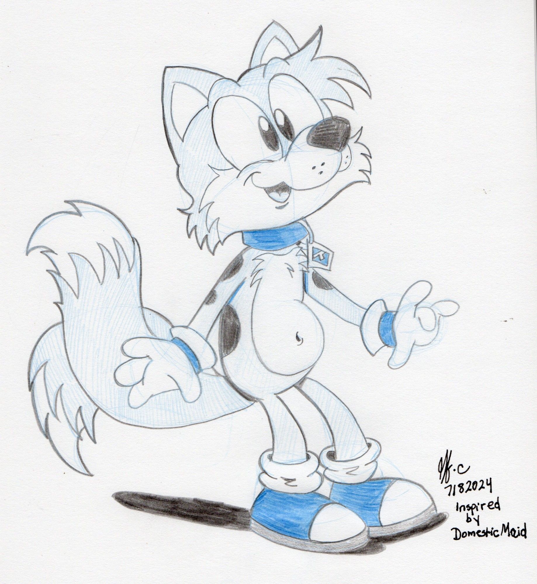 Inspired by DeviantArtist; "DosmesticMaid" 's fan art of Scooby-Doo/Sonic the Hedgehog crossover, I drew Tails as Scooby-D. 
Drawn with black and blue col-erase pencils.