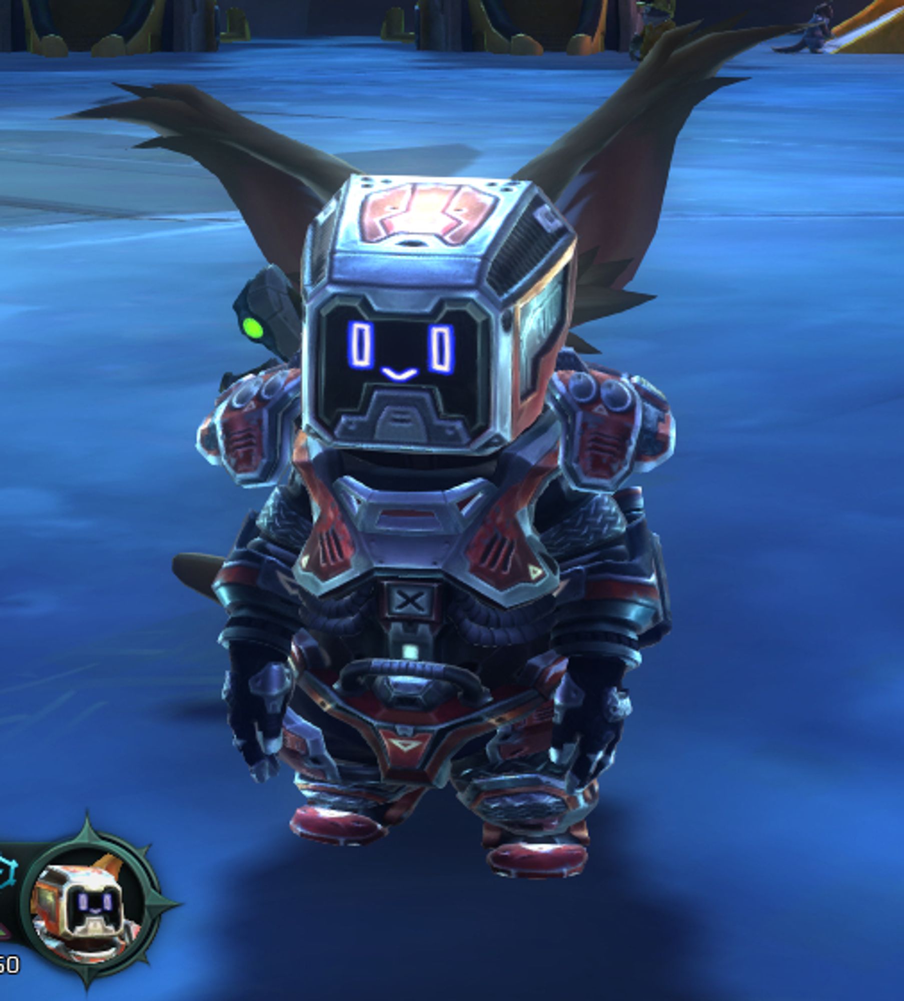 A Chua, bipedal gerbal-aliens from Wildstar, wearing power armor with a digital faceplate displaying an "0v0" expression.