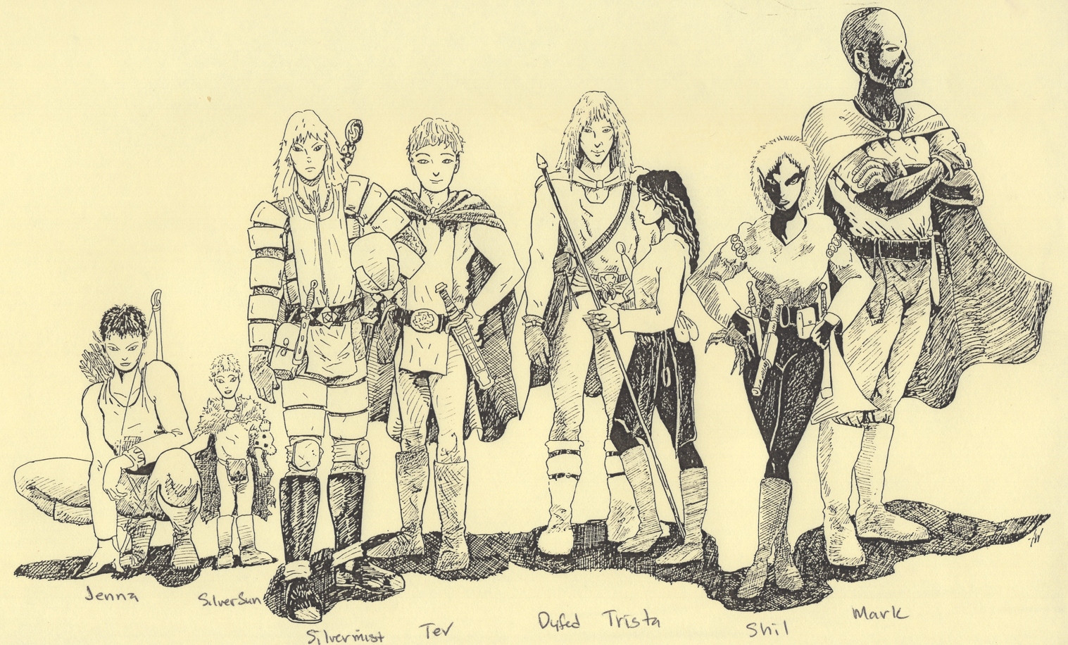 Scratchy ink drawing of a group of 8 fantasy characters. Rangers, warriors, thieves, monks, drow, etc. Oh god it's so old and bad and I hate it so much. Why am I sharing this?