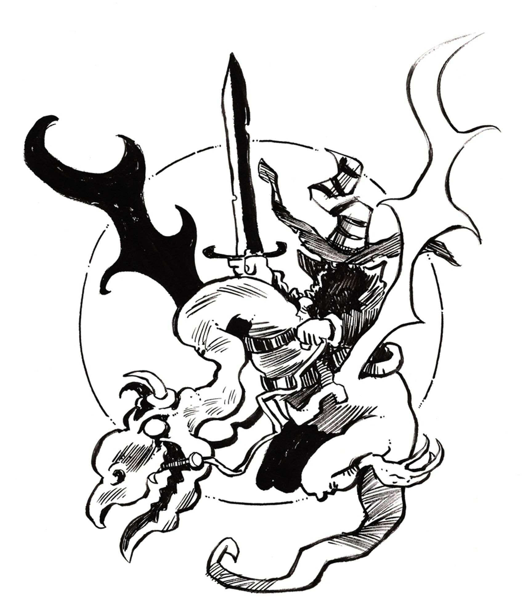 Ink drawing of wizard on wyvern with sword