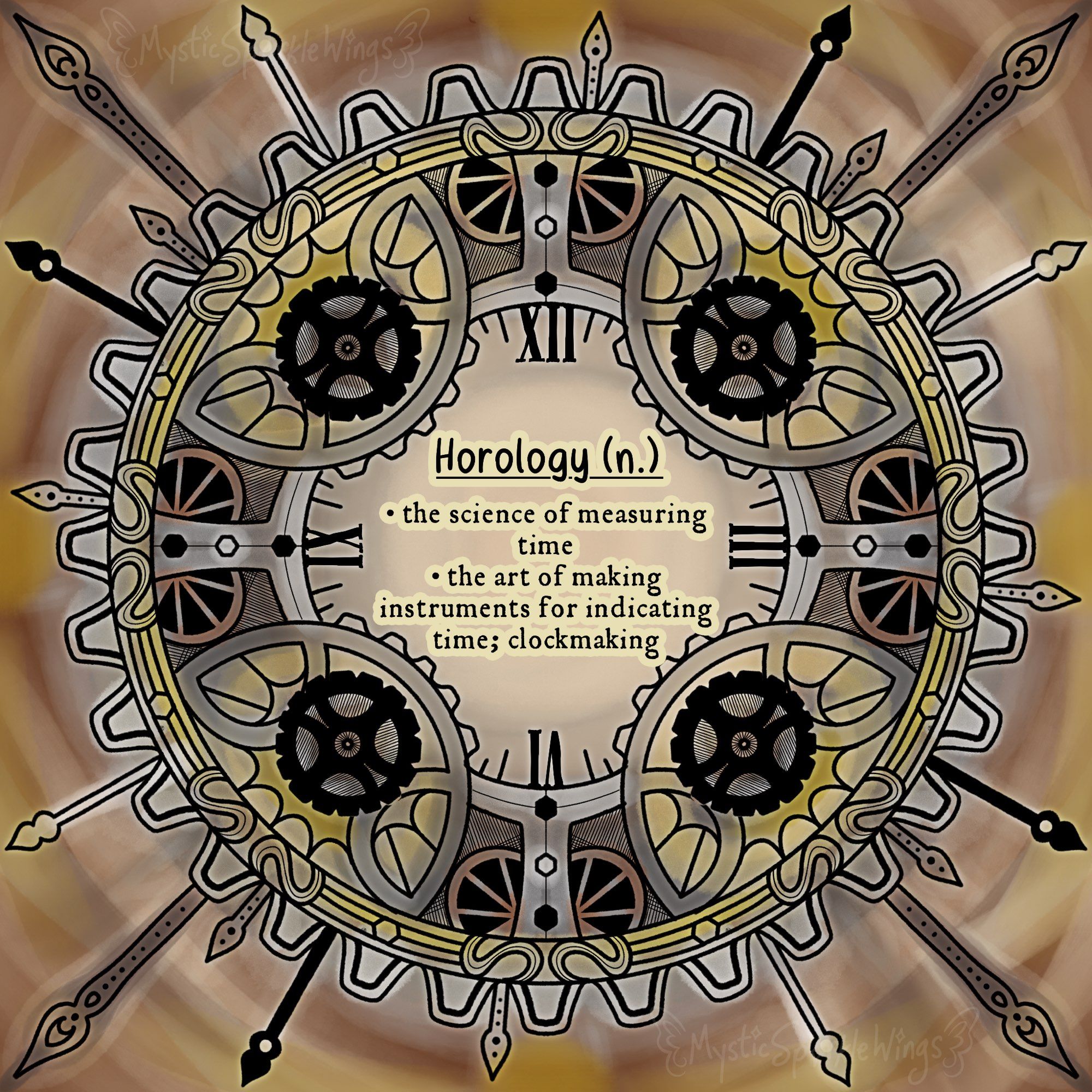 A digital illustration, made in Procreate, of a mandala on an abstract background. The theme for the artwork, "Horology," is written and defined in the center of the image.