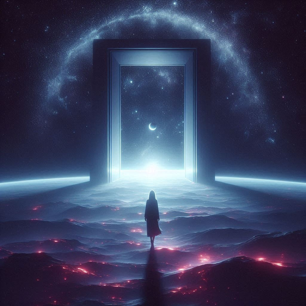 she stands before a door which is surrounded by nothing and appears to lead into deep space

different from the first two

honestly the way you're imagining it probably looks cooler than this don't worry about it
it does look cool fr

DALL-E 3 request by yours truly
the previous one was requested chosen and posted by B btw, not me kk