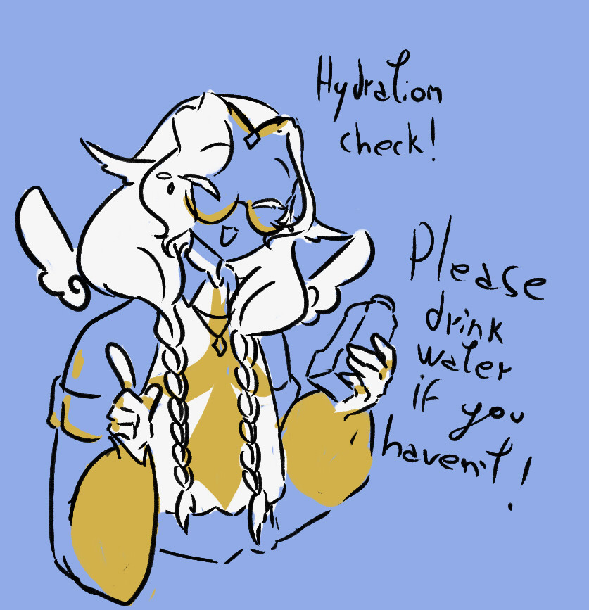 A sketch of Shinon, a priest with white hair in two braids, golden accesories, and wings, in an encouraging and gentle pose, holding a water bottle. It says "Hydration check! Please drink water if you haven't!" The background is a plain pale blue.