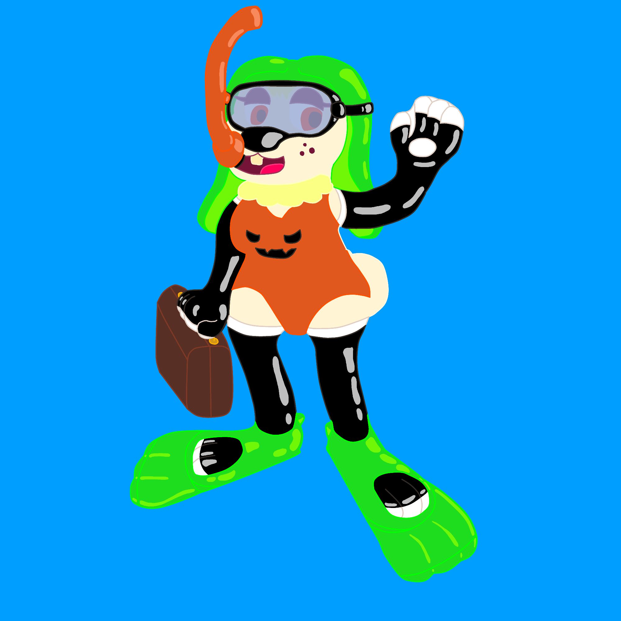 Cassie the lop eared bunny in a gratuitous snorkeling outfit; an orange jack-o-lantern themed tank swimsuit, black latex stockings and webbed gloves, green swim fins and swimming cap, black goggles with orange snorkel, and a suitcase presumably holding her street clothes.