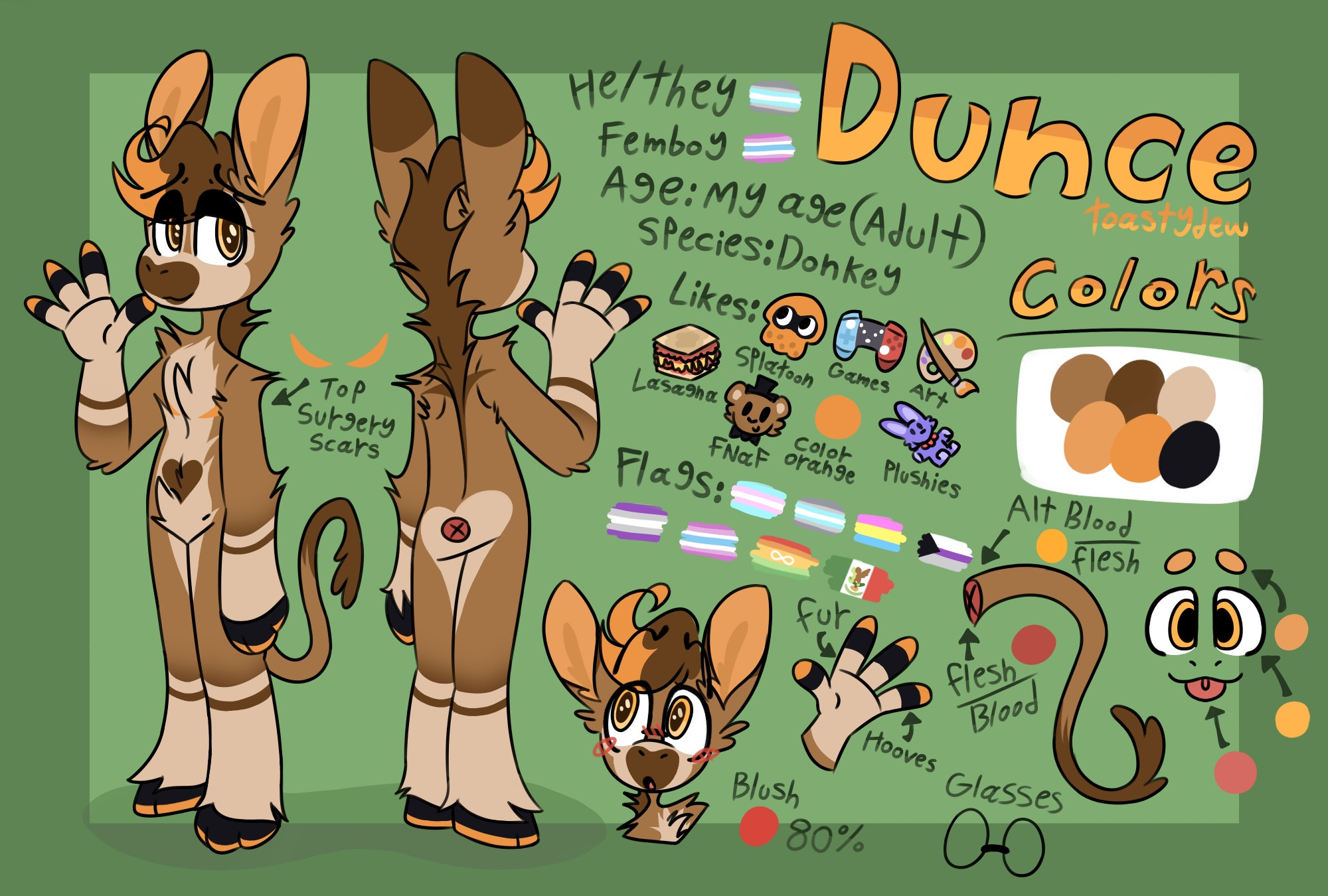 Ref sheet of Dunce the Donkey! Dunce standing with his right hand risen up and open, almost as if he’s saying hi. Clear front and back view, showing off his design as well as body shape and an impression of his personality. “Dunce” written in big orange letters on the top right, followed by info written to the left and below of it. Info being a dark green stating his pronouns/identity, age(which doesn’t actually state his age. Age is linked to the creator’s age), species, likes, as well as various flags relating to him. Under “Dunce”, there is also the words, in orange, “Colors” to indicate Dunce’d color pallete. The bottom id filled with some extra stuff/notes important to the character.