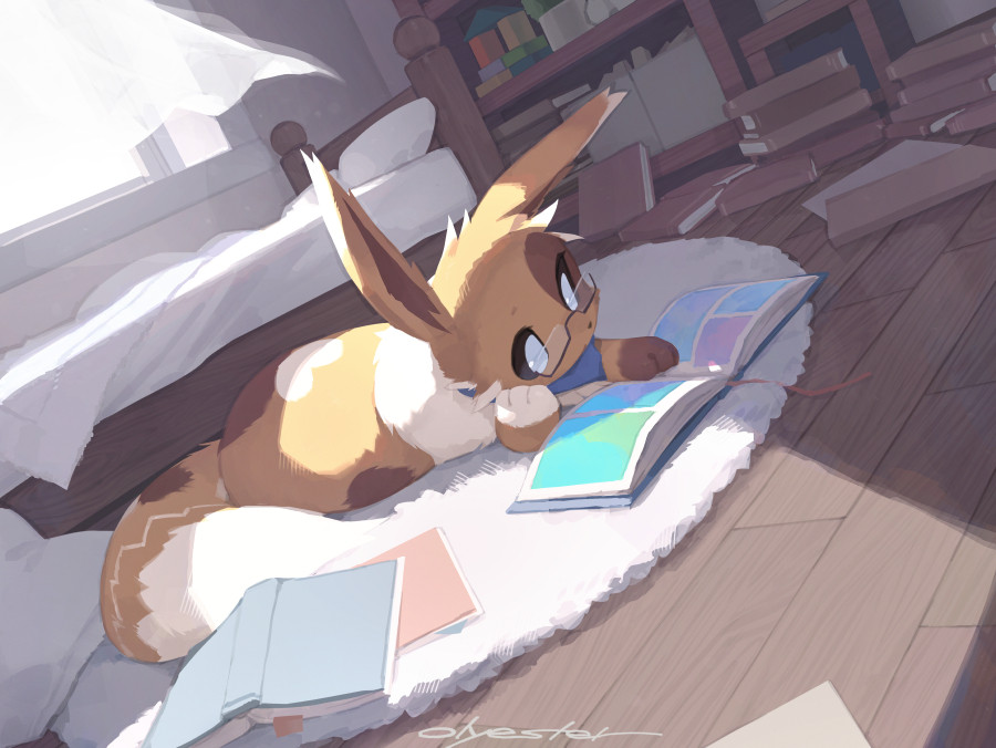 Commission Artwork for Nypex. In the gentle morning sun, the Eevee reading a book in the bedroom.