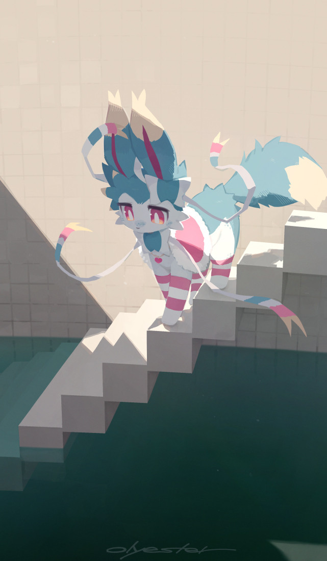 Commission artwork for Sy1ve0n. A shiny sylveon in the pool room, peering into the water from halfway down the stairs.