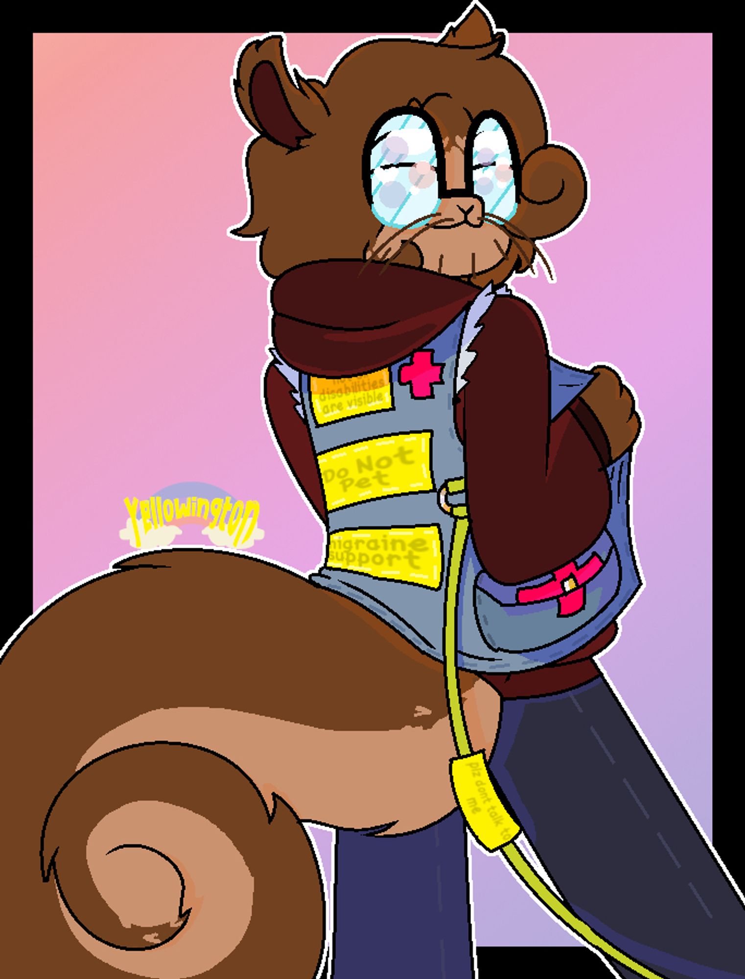 a drawing of a squirrel fursona of a streamer wearing an migraine support service vest