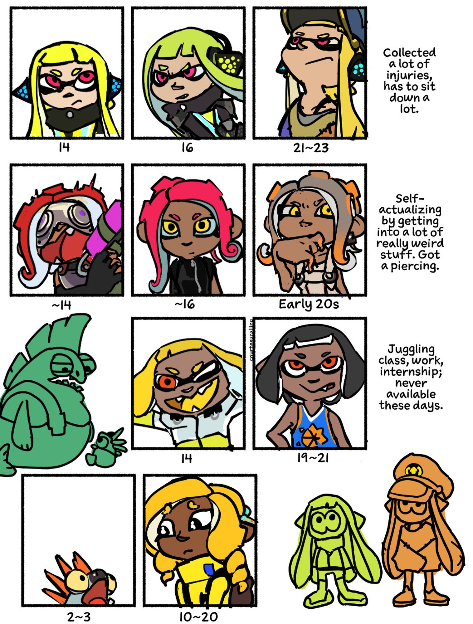 Age progression visual study.
Agent 3/Captain collected a lot of injuries, has to sit down a lot.
Eight is self-actualizing by getting into a lot of really weird stuff, & got a piercing.
Agent 4 is juggling class work, and an internship; never available these days.
Little Buddy is 2~3 years old and (new) Agent 3 is 10~20