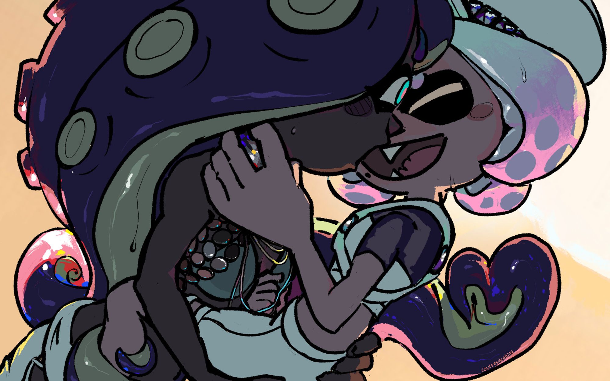 Pearl and Marina (Grand Festival designs) embracing each other. Marina is holding Pearl so that they can be at eye level and is kind of flustered about it, Pearl is happy.