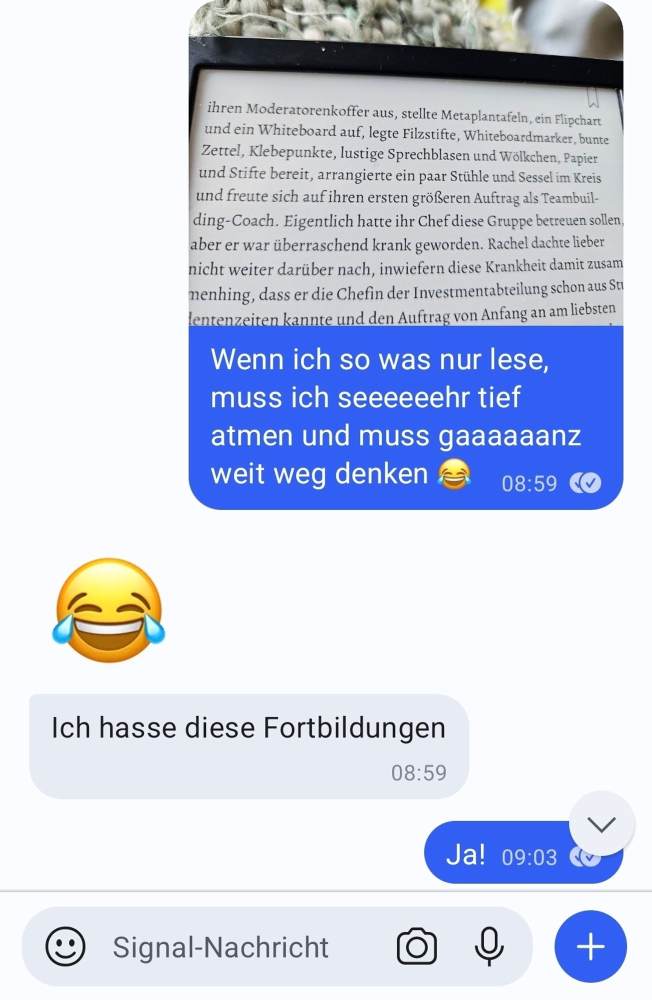 Man sieht einen Tolino, der einen Textausschnitt des Buches zeigt, in dem eine typische Fortbildungssituation mit Flipchart, Marker, lustigen Sprechblase etc geschildert wird. Mein Kommentar dazu: "Wenn ich so was nur lese, muss ich seeeeehr tief atmen und muss gaaaaaaanz weit weg denken". Antwort der Freundin ist ein lachende Smiley und "ich hasse diese Fortbildungen"