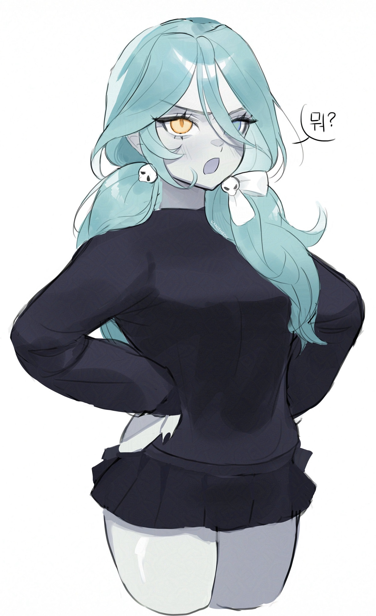 Drawing of a blue haired ghost girl with pale skin placing her hands on her hips with annoyed expression saying ”뭐?“ / ”what?” In korean.