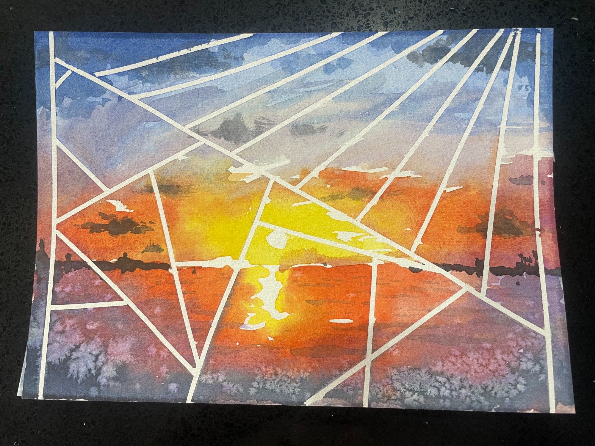 watercolour of a sunset over the water, there's some random white lines created with masking tape