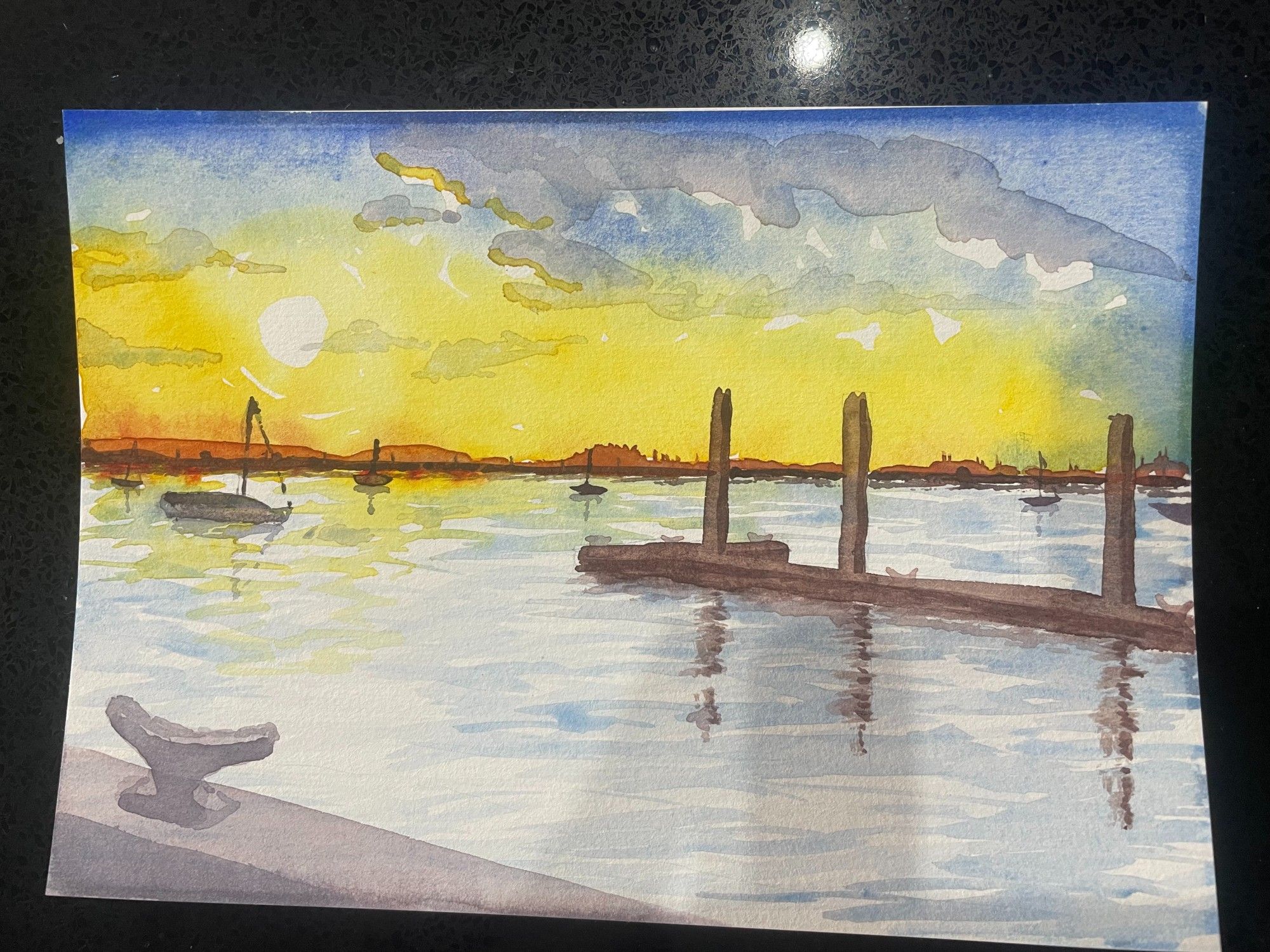 watercolour of a different sunset over different water, there's some boats this time in the background and a jetty in the midground