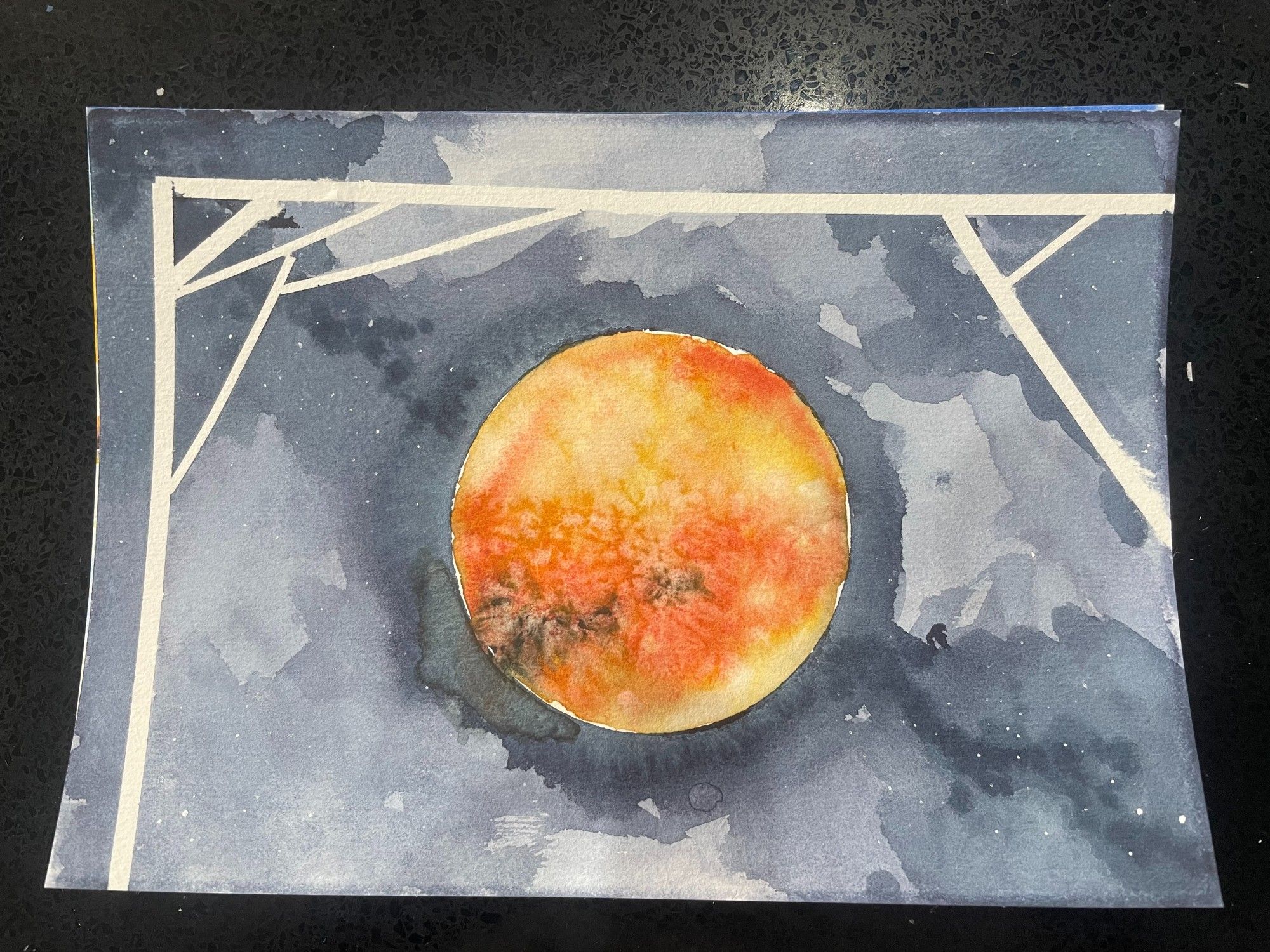 watercolour of the planet Mars, there's more masking tape lines and some little white stars on the grey background