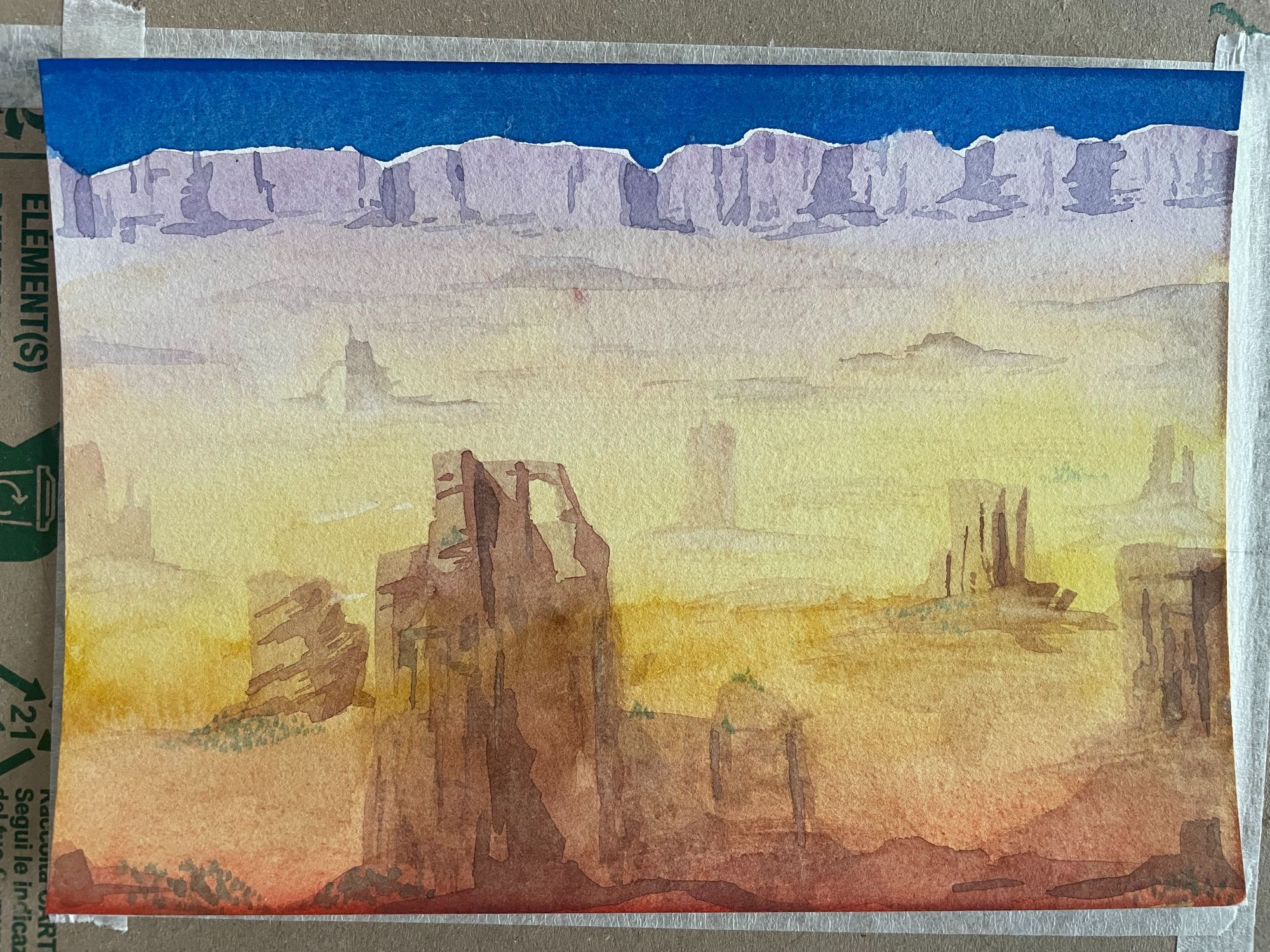 watercolour picture of a desert, it's very flat with a few sticking up rocks.