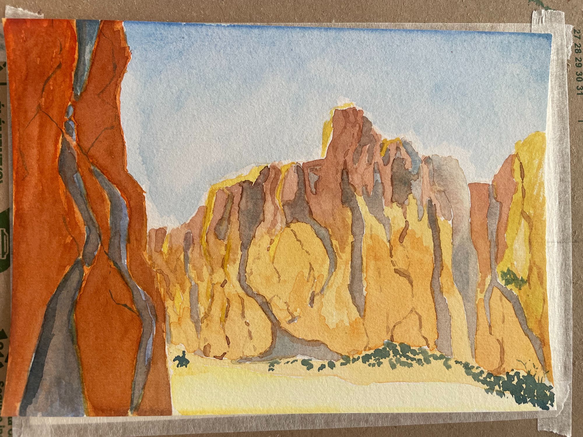 less good water colour of a big desert cliff face.