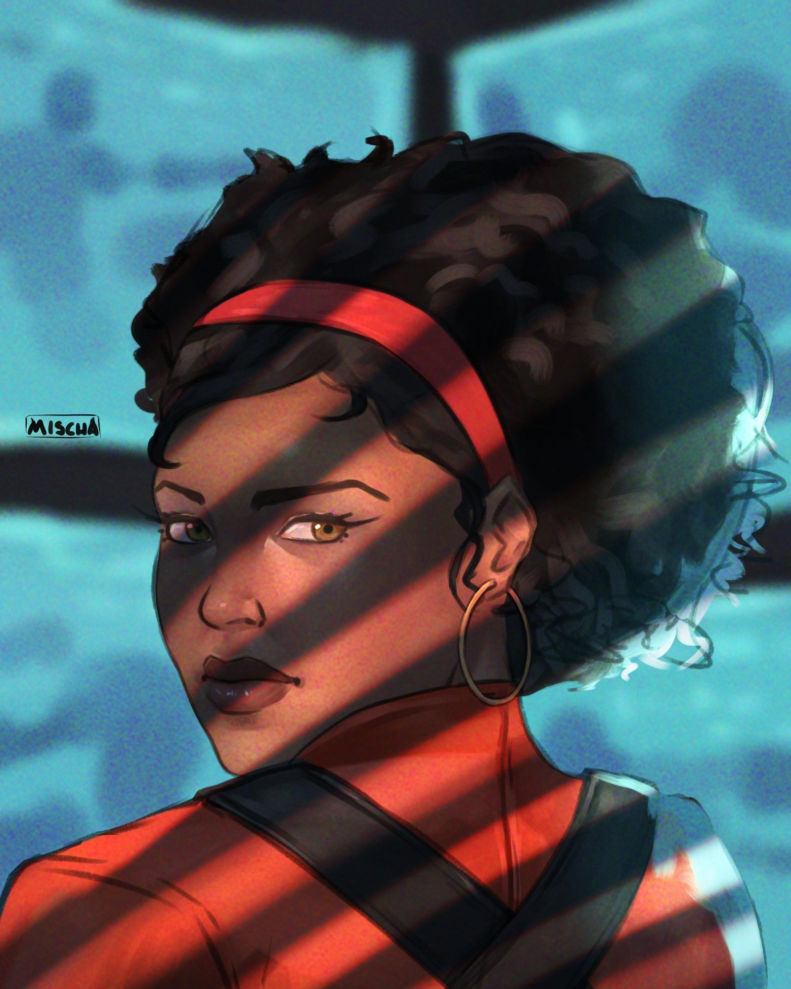 A colour portrait of Misty Knight from Marvel comics. Her back is turned and she's looking over her shoulder at the view, she's wearing a red top and red hair band. In the background is some blue computer screens. There's strips of light across her supposed to look like light coming through blinds.