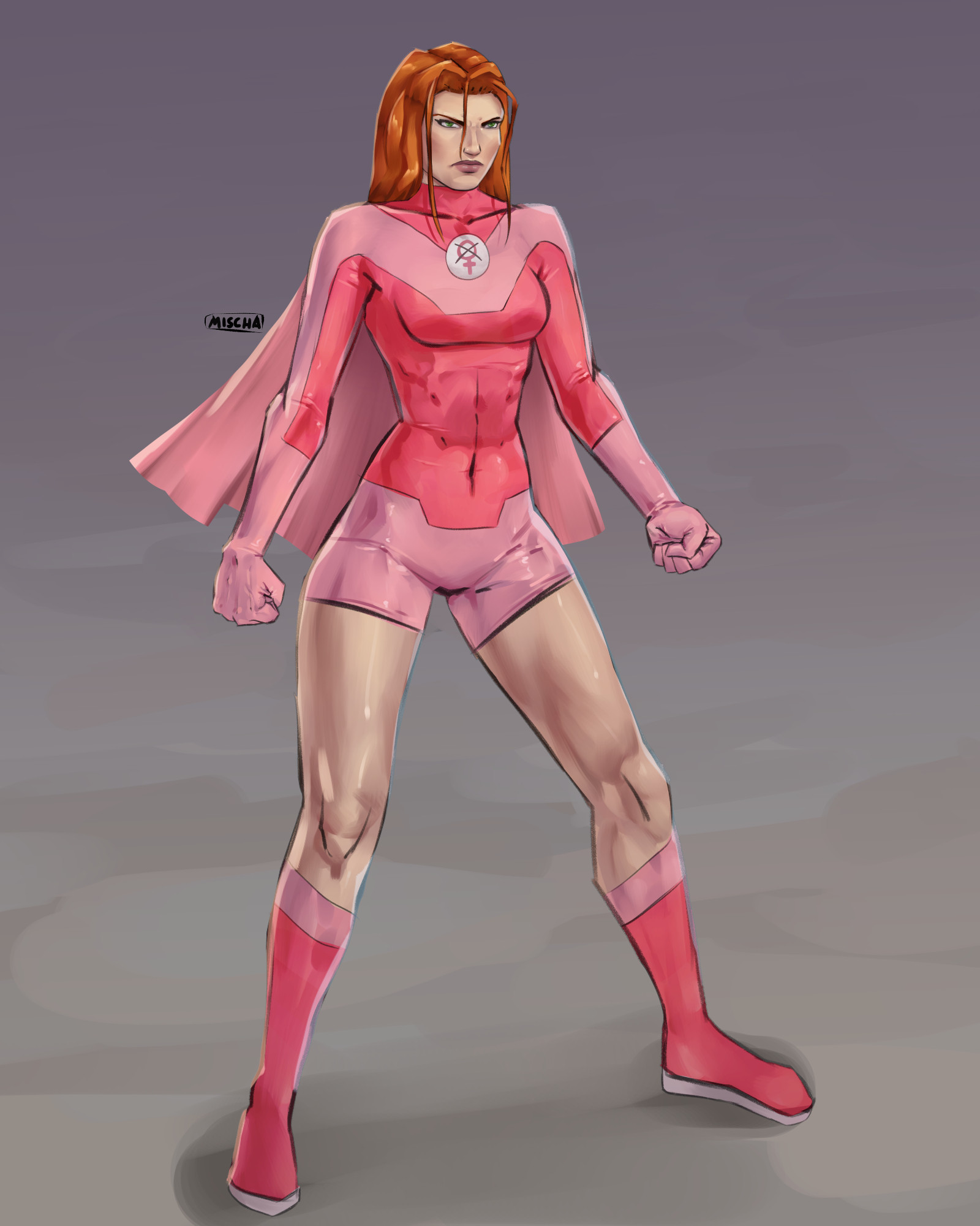 Atom Eve from invincible, it's a sketch with painterly shading and colouring. She has a wide stance with both hands in fists by her side, she looks a little bit angry like she's about to fight someone.