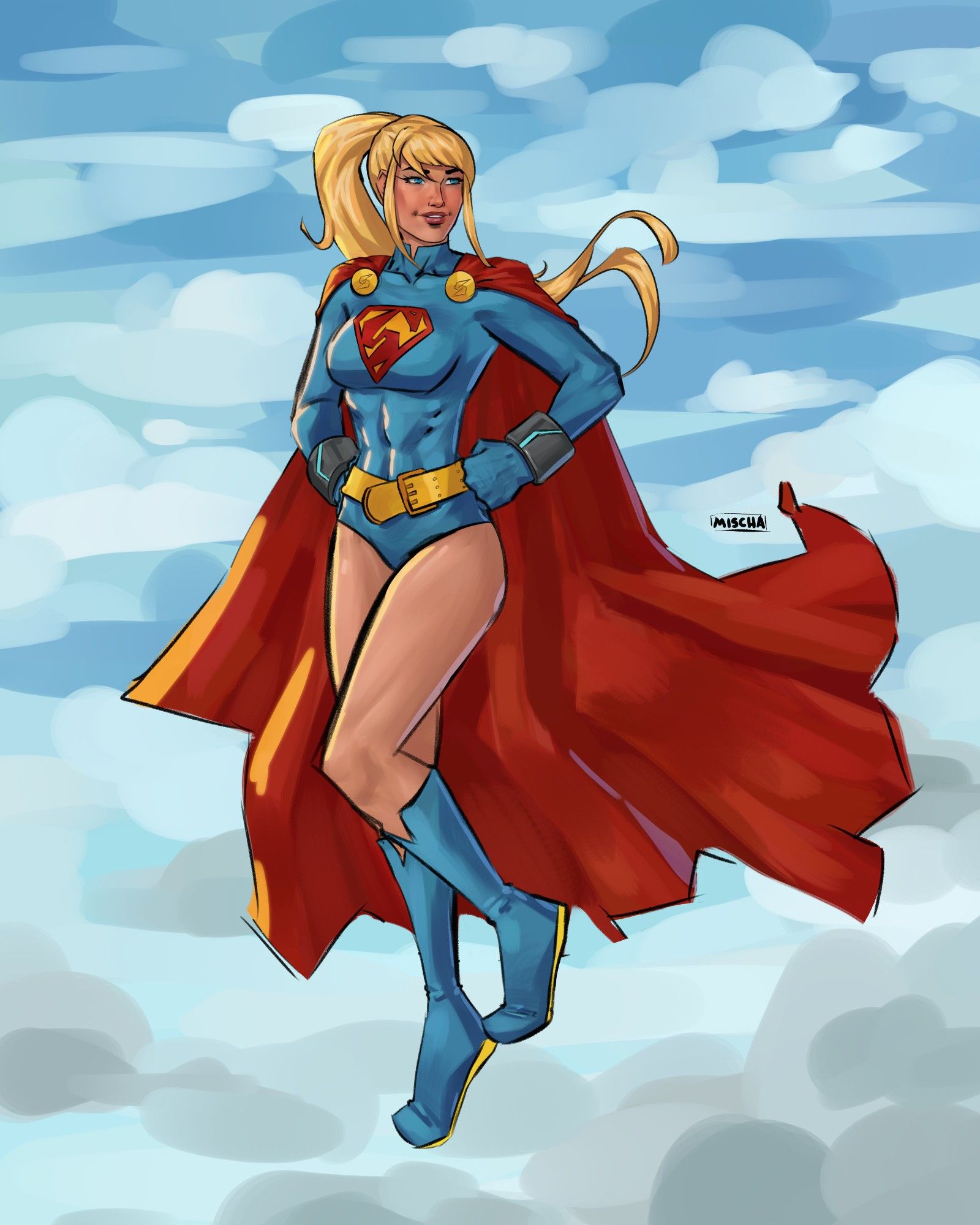 Samus from Metroid, she's wearing a supergirl style costume and floating mid air with hands on hips.