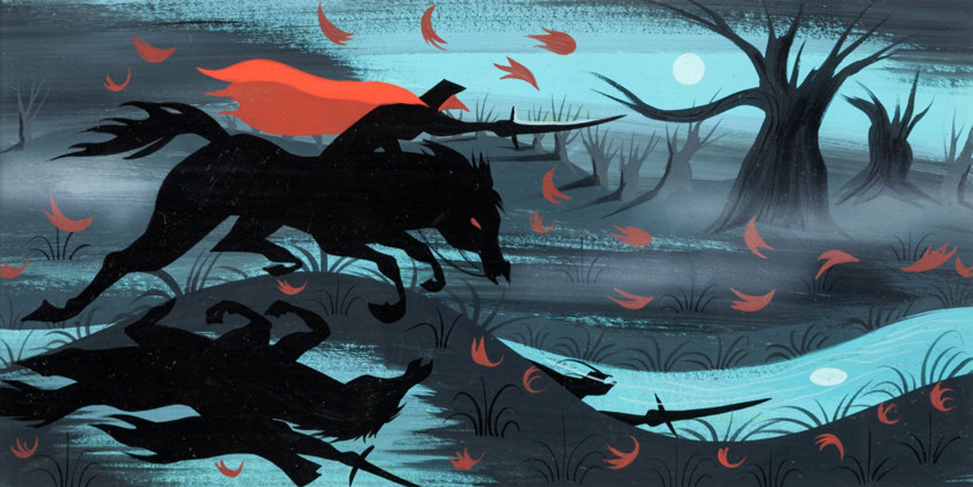 Stylized gouache painting of the Headless Horseman riding at night with orange leaves flying around him and there's fog and mist amongst the spooky barren trees in the background. The moon is bright in sky.