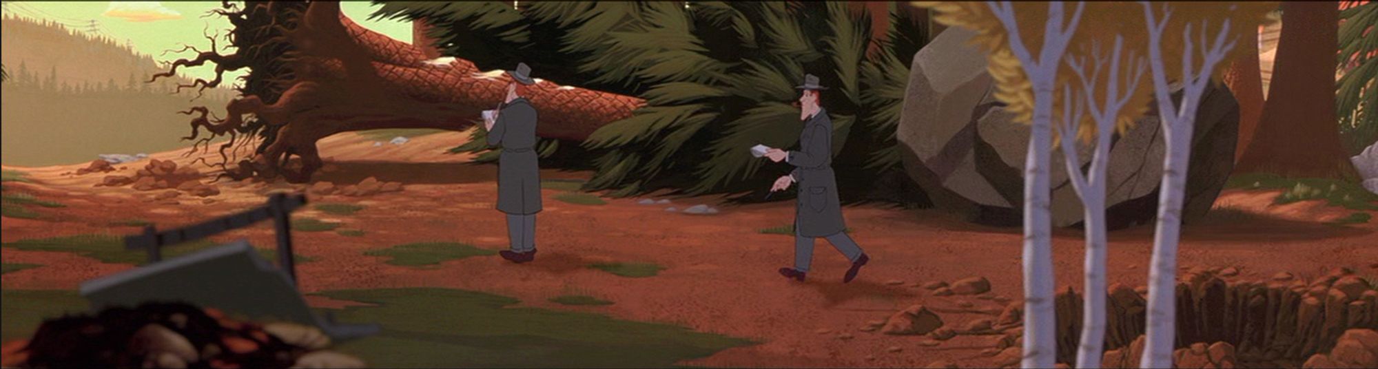 Background pan shot from THE IRON GIANT, with Kent Mansley walking from a hole in the ground on the right of the image, to the uprooted fallen tree that's over to the left of frame.