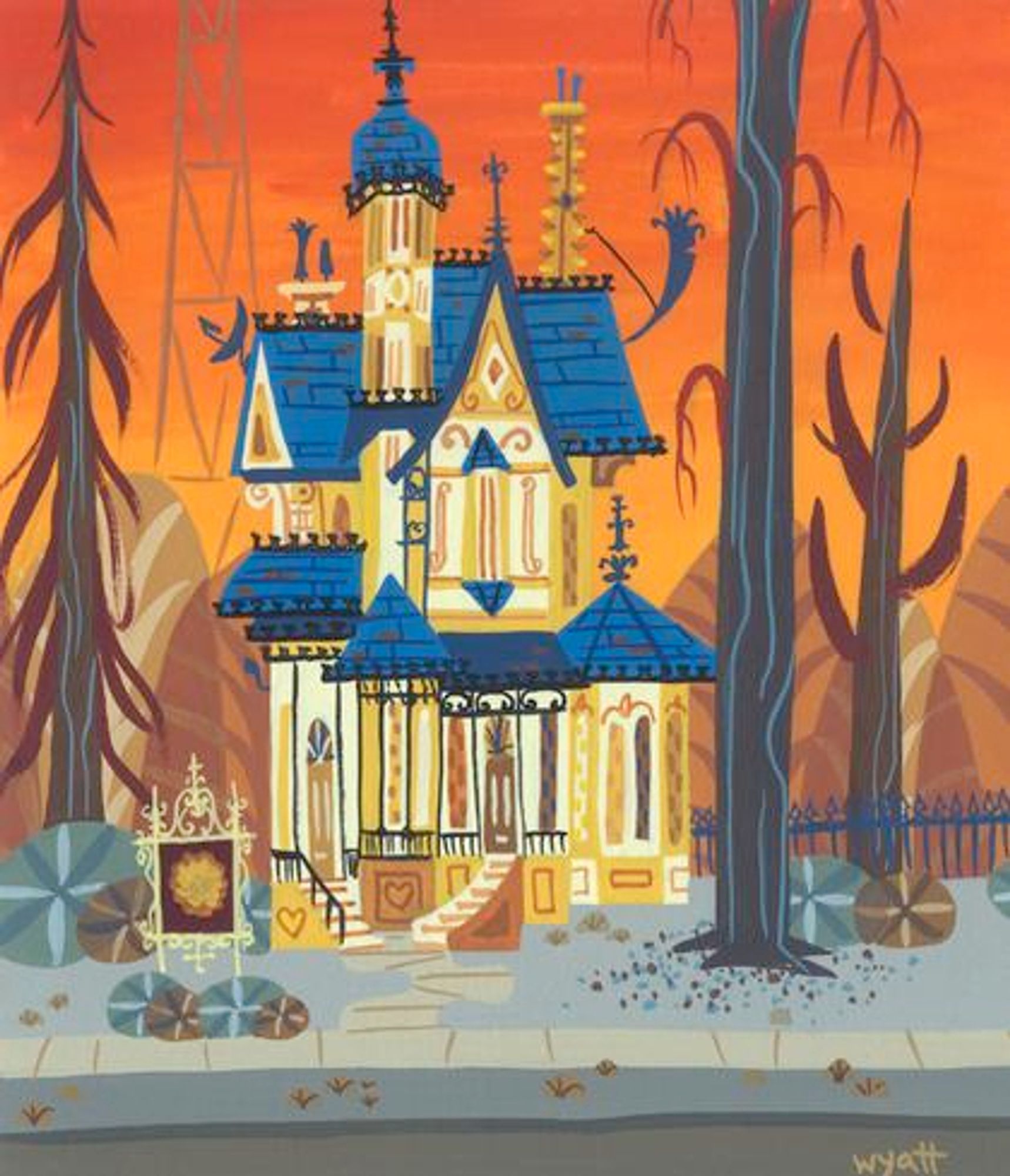 Colorful painting of an old Victorian style home with wild colors of oranges, browns, and details in blue.