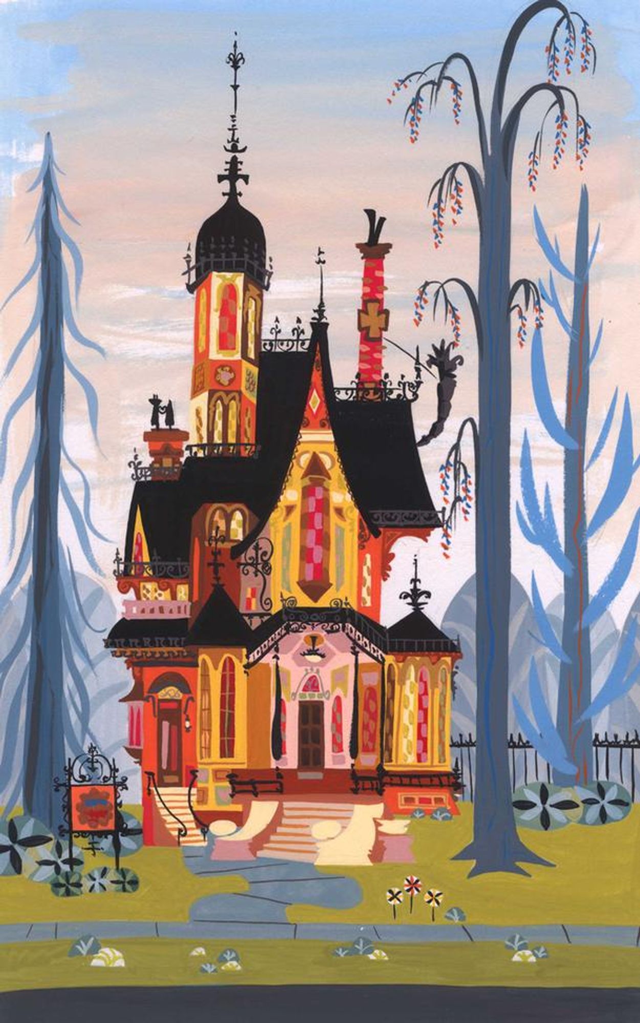 Colorful painting of an old Victorian home - the sky and trees are in light blues and greys, and the home is in bright oranges and yellows, with roof details in a dark brown and black.