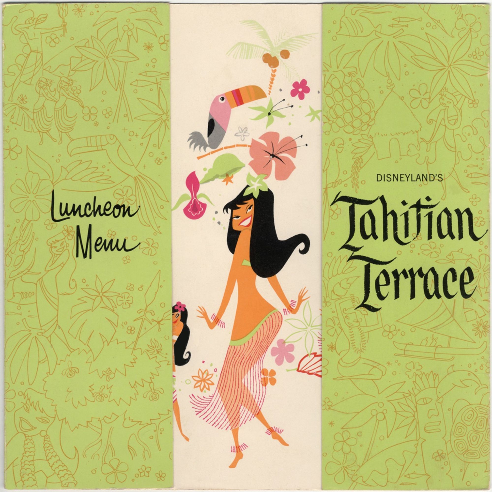 Cover to Disneyland's Tahitian Terrace, the luncheon menu featuring a hula dancer and toucan - drawn in a colorful and stylized design reminiscent of the midcentury era (1950s-1960s).