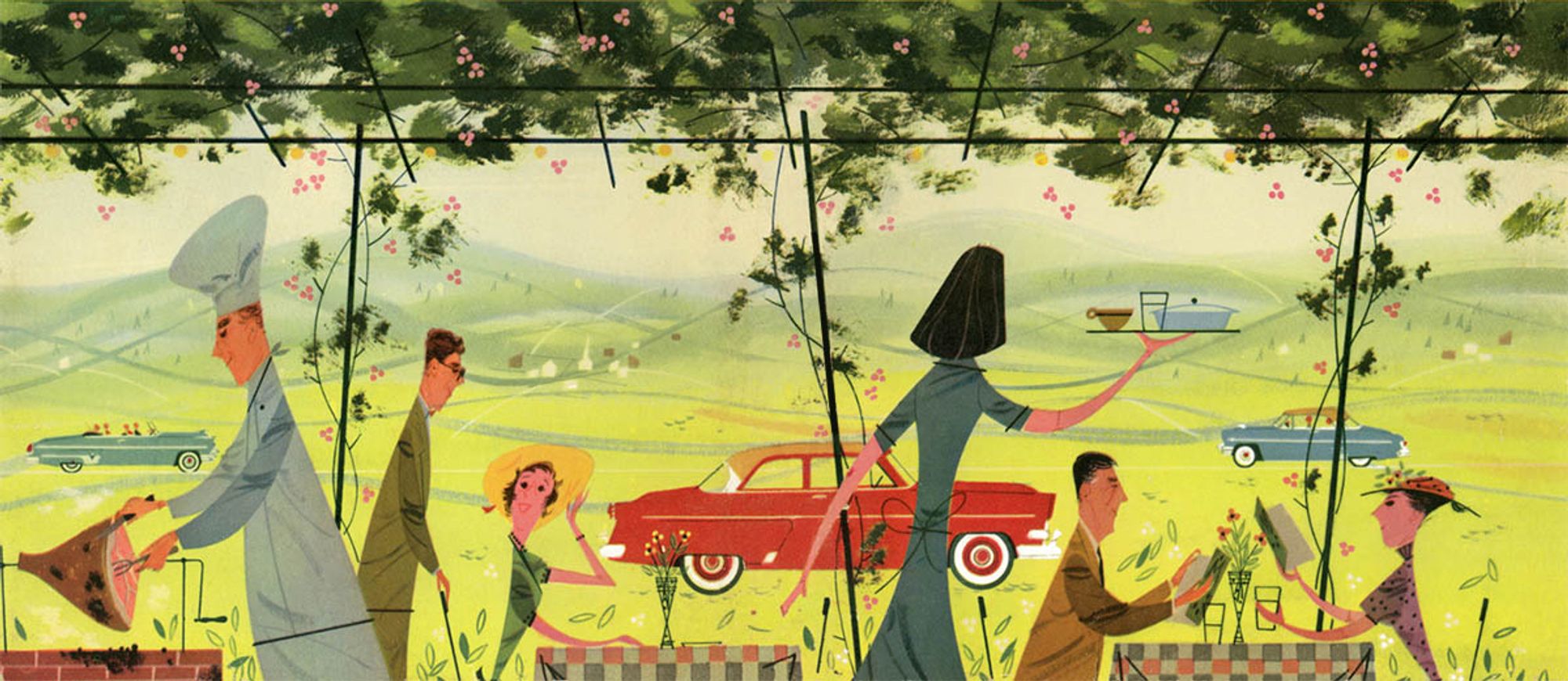 Stylized midcentury illustration of an outdoor restaurant setting with a floral canopy, overlooking a beautiful, tranquil scene, complete with rolling green hills and few 1950s-era cars, including a nice red 1954 Ford in the middle.